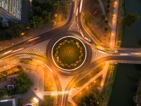 Evening aerial view to crossroads roundabout in Gagarina avenue, Kharkiv, Ukraine